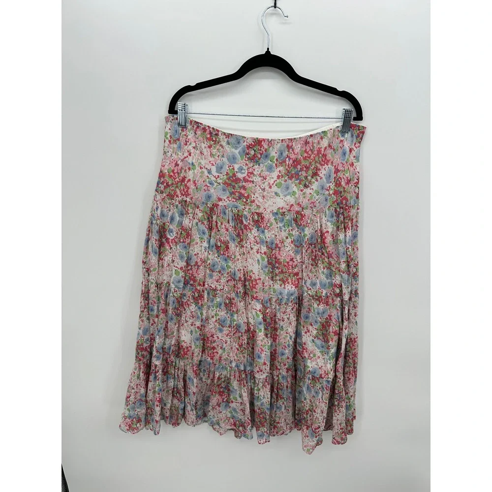 Chaps Denim Womens Large Pink Blue Floral Tiered Cotton Midi Skirt Boho Cottage